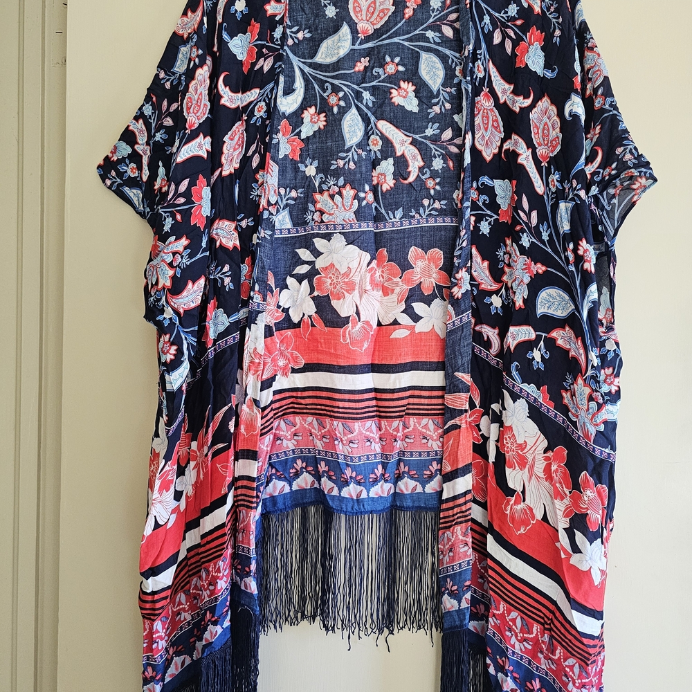 Elegant Floral Kimono Cardigan - Navy and Red